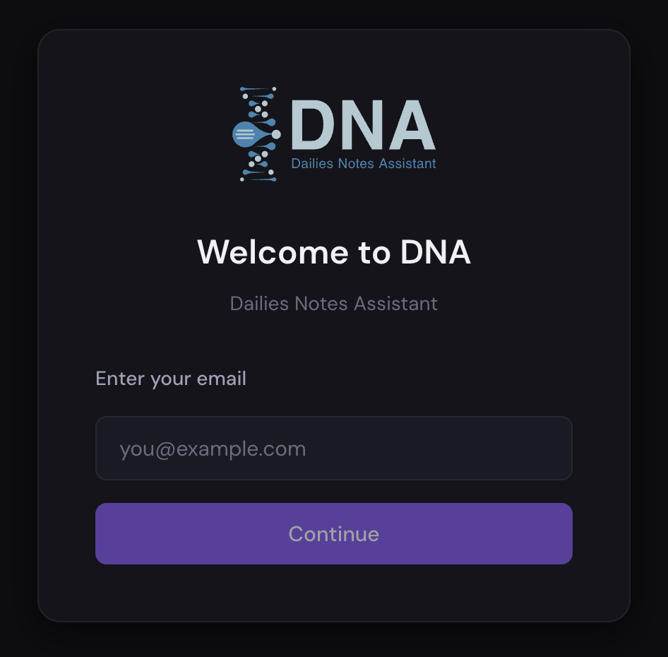 DNA login screen with the email sign-in field