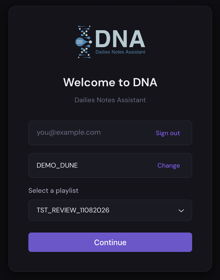 DNA login screen with the project and playlist selectors